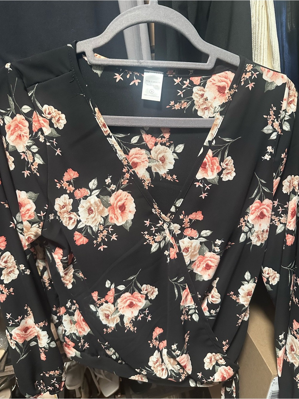 Black Floral Wrap Long-Sleeve Dress with Pink Blossoms